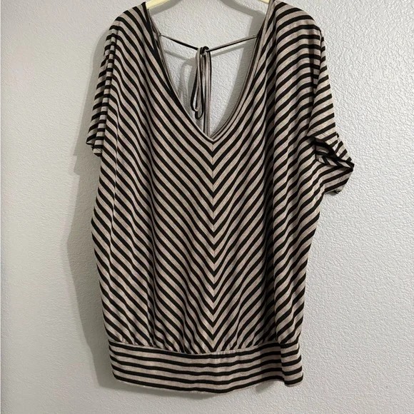 Black and tan Striped V-Neck Top - Picture 2 of 8